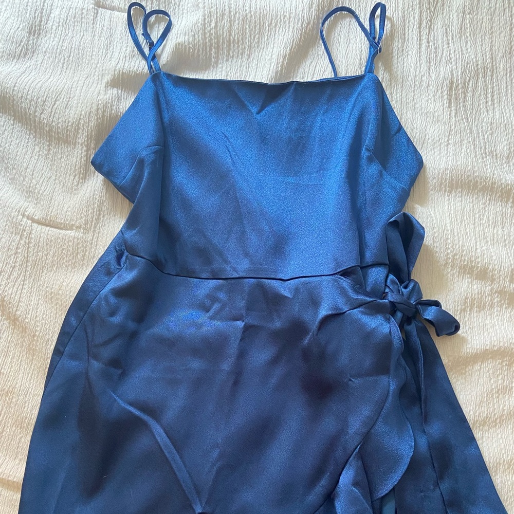 short blue satin wrap dress